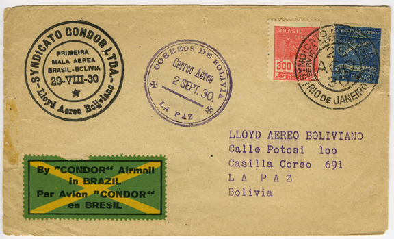 First Airmail Service from Brazil to Bolivia Cover.