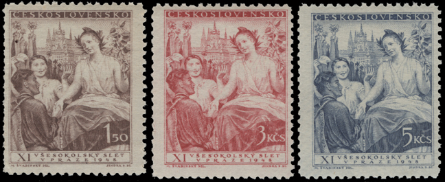 1948 Czech stamps showing Czechoslovakia welcoming Sokol marchers