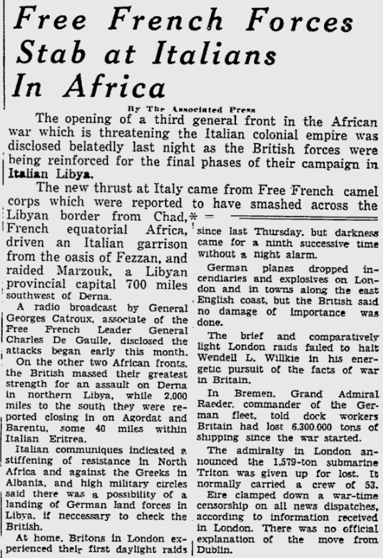 newspaper clipping on French attacks on Fezzan