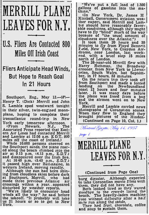 Montreal Gazette Article on Merrill's flight of May 13 - May 14, 1937
