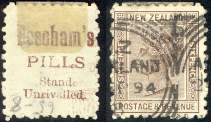 Advertisement for Beecham's Pills on the back of a stamp