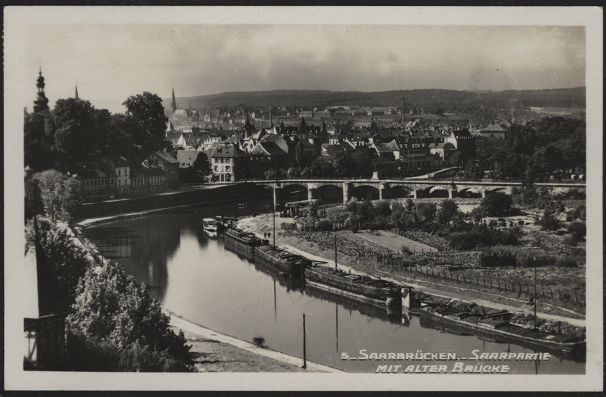 Post card depicting the old bridge across the Rhine in Saarbrucken