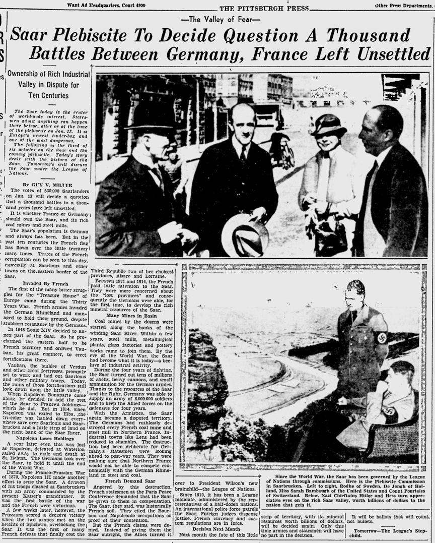 December 1924 news article on the Saar Plebiscite