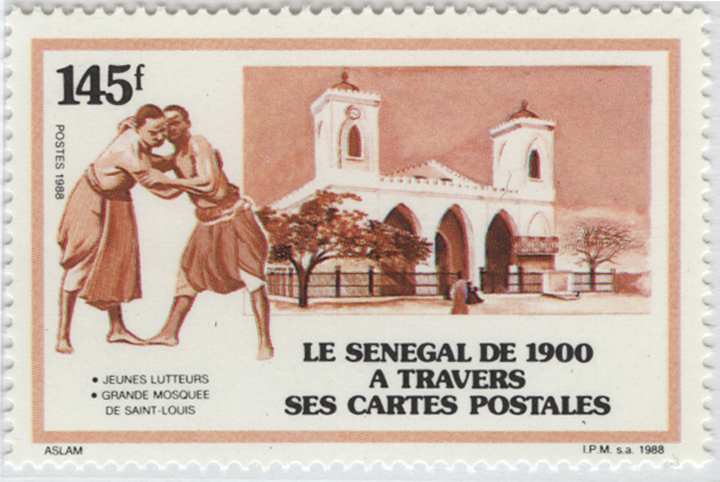 Mosque of Saint Louis on antique postcard issue of 1988