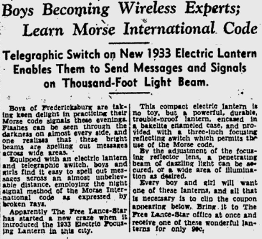 Signal Lamp Sold as a Promotion in the Fredericksburg The Free Lance-Star on May 1, 1933