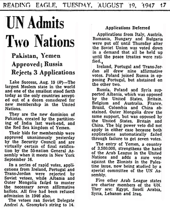 Newspaper Clipping on Yemen's Admission to the U.N.